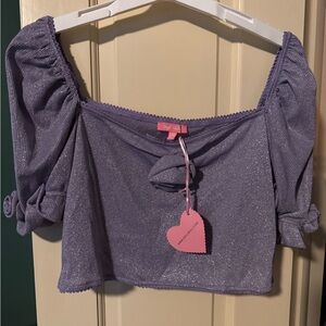 Dolls Kill Lavender Shimmery Puff-Sleeve Tie-Front Crop Top